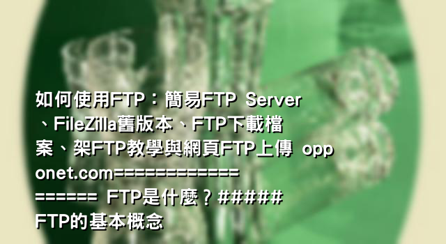 如何使用FTP：簡易FTP Server、FileZilla舊版本、FTP下載檔案、架FTP教學與網頁FTP上傳 opponet.com================== FTP是什麼？##### FTP的基本概念